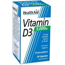 HEALTH AID VITAMIN D3 5.000IU. FOR STRONG, HEALTHY BONES& TEETH 30CAPSULES