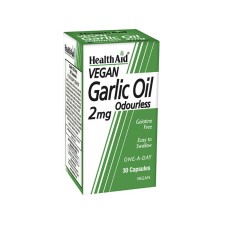 HEALTH AID GARLIC OIL 2MG ODOURLESS. FOR THE MAINTENANCE OF HEART HEALTH, CHOLESTEROL& CIRCULATION 30CAPSULES