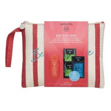 Apivita Bee Sun Safe Dry Touch Invisible Face Fluid SPF50 + Aloe Face Mask + Hyaluronic Acid Hair Mask With Beach Hand Bag Gift