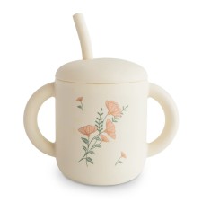 Mushie Silicone Training Cup With Straw Pink Flowers