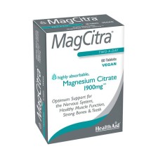 HEALTH AID MAGCITRA, MAGNESIUM CITRATE 1900MG. SUPPORT FOR NERVOUS SYSTEM, HEALTHY MUSCLE FUCTION, STRONG BONES& TEETH 60TABLETS
