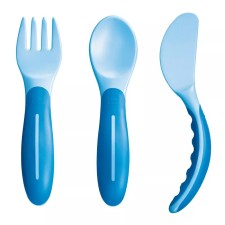 MAM Babys Cutlery Knife - Fork - Spoon Blue - Fully Functional - Learn To Eat