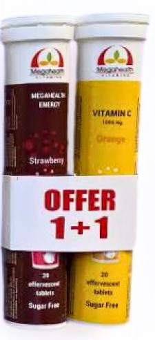 Megahealth Energy Strawberry 20 Effervescent Tablets + Vitamin C 1000mg Effervescent Tablets 1+1