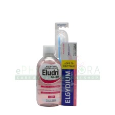 ELUDRIL GUMS MOUTHWASH 500ML + ELGYDIUM TOOTHPASTE PLAQUE & GUMS 75ML +FREE ELGYDIUM CLINIC TOOTHBRUSH 15/100