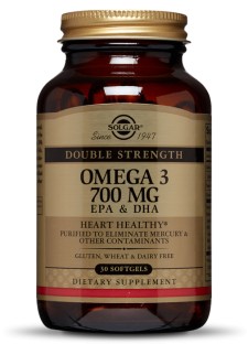 SOLGAR OMEGA-3 700MG, DOUBLE STRENGTH. FOR THE PROTECTION OF CARDIOVASCULAR SYSTEM& BRAIN FUNCTION 30SOFTGELS