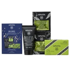 Apivita Bee Merry Black Cleansing Gel 50ml, Natural Olive Soap 125gr & Face Scrub 2X8ml