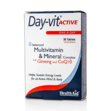 HEALTH AID DAY- VIT ACTIVE. MULTIVITAMIN& MINERAL COMPLEX WITH GINSENG AND CoQ10. HELPS SUSTAIN ENERGY LEVELS FOR AN ACTIVE MIND& BODY 30TABLETS