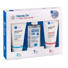 PANTHENOL EXTRA HANDS ON 3 -STEP RESCUE KIT. INCLUDES HAND CREAM 75ML & INTENSIVE HAND CREAM AND MASK 75ML & MICROBE END GEL 75ML