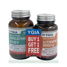 YGIA BREATHE EASY VEG. CAPS 60s + YGIA VITAMIN C 800mg VEG. CAPS 60s FREE