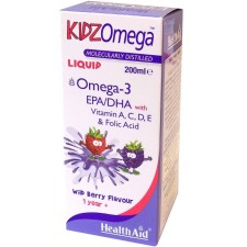 HEALTH AID KIDZ OMEGA 3 LIQUID. HELPS TO MAINTAIN OPTIMUM GROWTH, BRAIN FUNCTION, IMMUNITY AND OVERALL WELL BEING 200ML