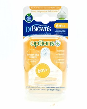 DR. BROWNS NATURAL FLOW OPTIONS+ SILICONE NIPPLES FOR WIDE NECK BOTTLES 6m+ 2s