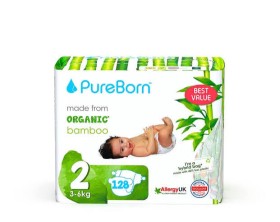PURE BORN NAPPY SIZE NO2 3-6KG VALUE 128S