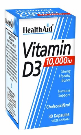 HEALTH AID VITAMIN D3 10,000IU. FOR STRONG HEALTHY BONES& IMMUNE SUPPORT 30CAPSULES 30s