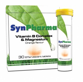 SYNPHARMA VITAMIN B COMPLEX & MAGNESIUM. 30 EFFERVESCENT TABLETS WITH ORANGE FLAVOR