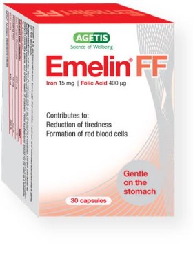 Agetis Emelin FF, Iron & Folic Acid x 30 Tablets - Against Tiredness & Supports Formation Of Red Blood Cells