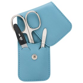 YES SOLINGEN MANICURE CASE 3-PIECE. CONTAINS NAIL SCISSORS, SAPPHIRE FILE AND TWEEZERS. IN PURPLE POCKET LEATHER CASE 99263