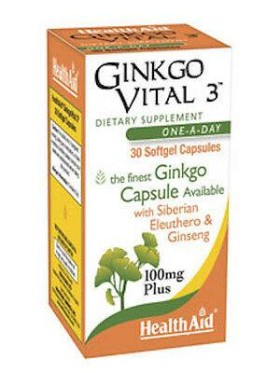 HEALTH AID GINKGO VITAL 3, COMBINATION OF GINKGO BILOBA& SIBERIAN ELEUTHERO- GINSENG 100MG PLUS 30SOFT CAPSULES