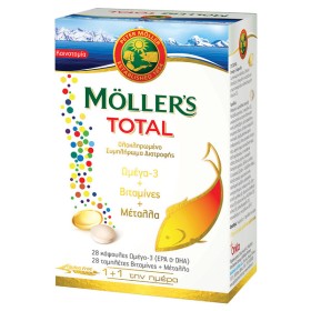 Mollers Total, ΟΛΟΚΛΗΡΩΜΕΝΟ ΣΥΜΠΛΗΡΩΜΑ ΔΙΑΤΡΟΦΗΣ ΜΕ ΩΜΕΓΑ-3 ΛΙΠΑΡΑ ΟΞΕΑ & ΒΙΤΑΜΙΝΕΣ, ΜΕΤΑΛΛΑ 28+28 ΚΑΨΟΥΛΕΣ