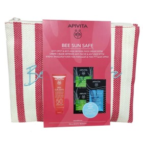 Apivita Sun Safe Anti Spot & Anti Age Defense Face Cream 50SPF + Aloe Face Mask + Moisturizing Hair Mask With Beach Hand Bag Gift