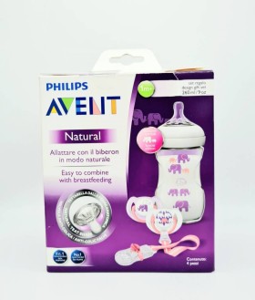 PHILIPS AVENT NATURAL DESIGN GIFT SET. INCLUDES 1 NATURAL BOTTLE 260ML, 2 PACIFIERS 6-18m & 1 SOOTHER CLIP