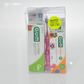 GUM ACTIVITAL FAMILY SET. INCLUDES 2 ACTIVAL TOOTHPASTES, 2 TECHNIQUE TOOTHBRUSHES, 1 TOOTHPASTE JUNIOR MONSTER 7+, 1 TOOTHBRUSH JUNIOR MONSTER 7-9 