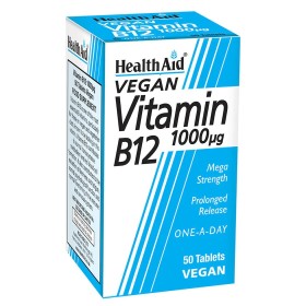 Health Aid Vitamin B12, BITAMINH B12- ΚΥΑΝΟΚΟΒΑΛΑΜΙΝΗ 1000μg. ΙΔΑΝΙΚΗ ΓΙΑ ΧΟΡΤΟΦΑΓΟΥΣ, ΓΙΑ ΤΟΝΩΣΗ& ΑΝΤΟΧΗ 50ΧΑΠΙΑ
